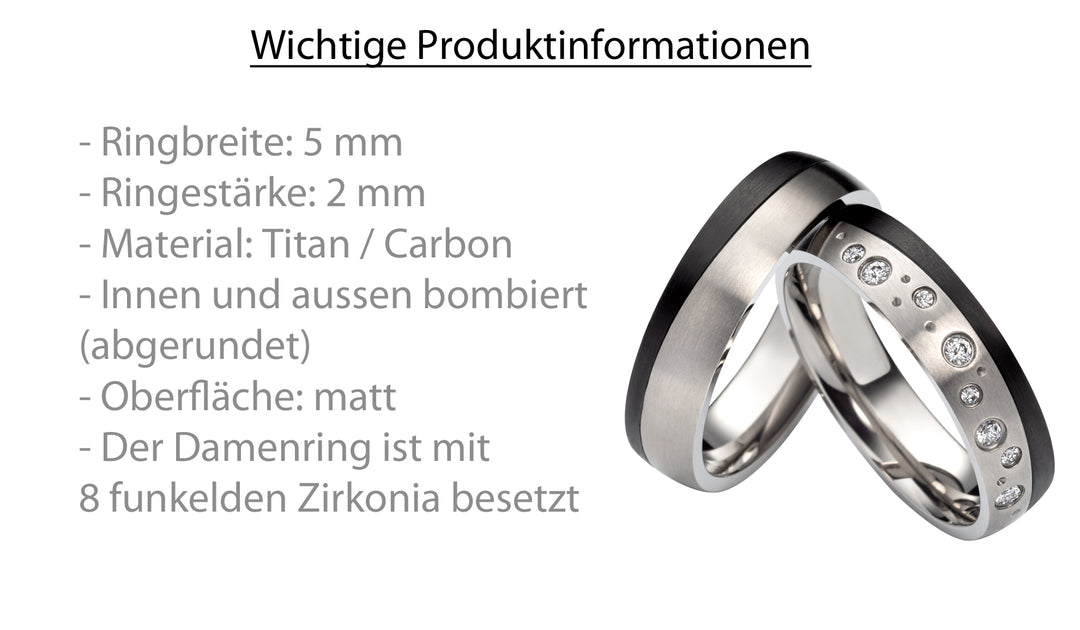 Partnerringe aus Titan und Carbon mit Zirkonia ink. Gravur | SD 7014
