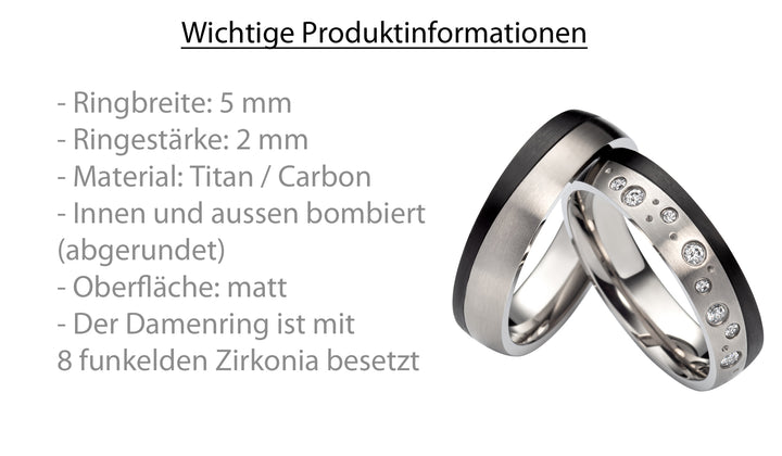 Partnerringe aus Titan und Carbon mit Zirkonia ink. Gravur | SD 7014