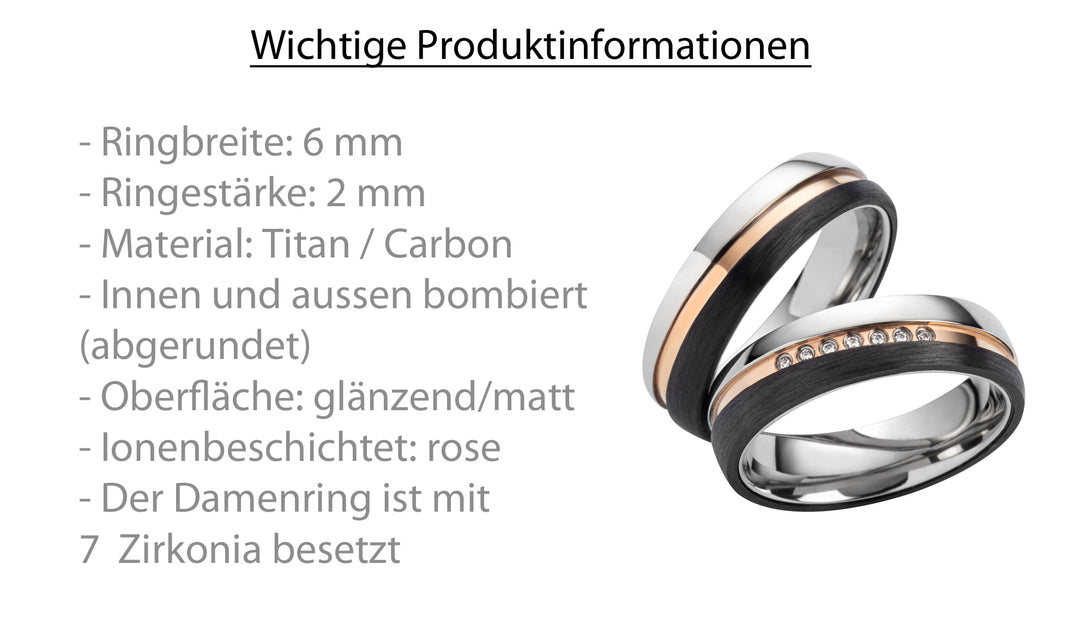 Ehe - Partnerringe aus Titan und Carbon mit Zirkonia ink. Gravur | SD7016
