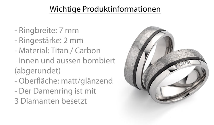 Ehe - Partnerringe aus Titan und Carbon mit 3 Diamanten ink. Gravur | SD9045