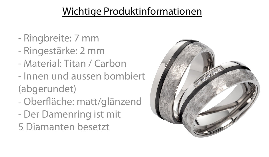 Ehe - Partnerringe aus Titan und Carbon mit 5 Diamanten ink. Gravur | SD9046