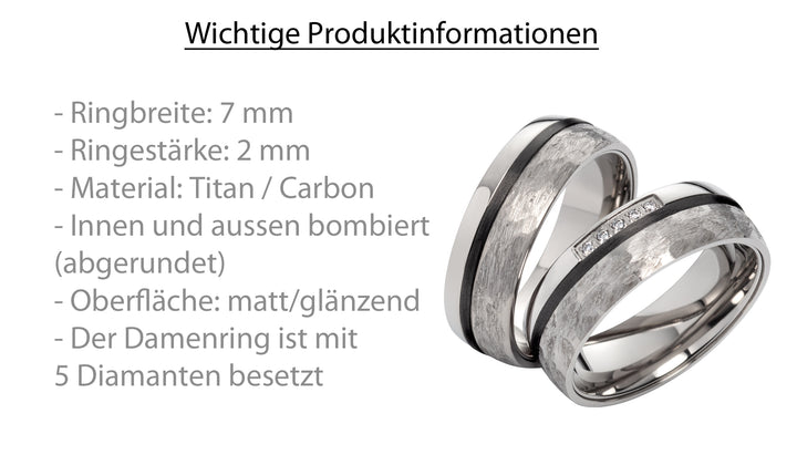 Ehe - Partnerringe aus Titan und Carbon mit 5 Diamanten ink. Gravur | SD9046