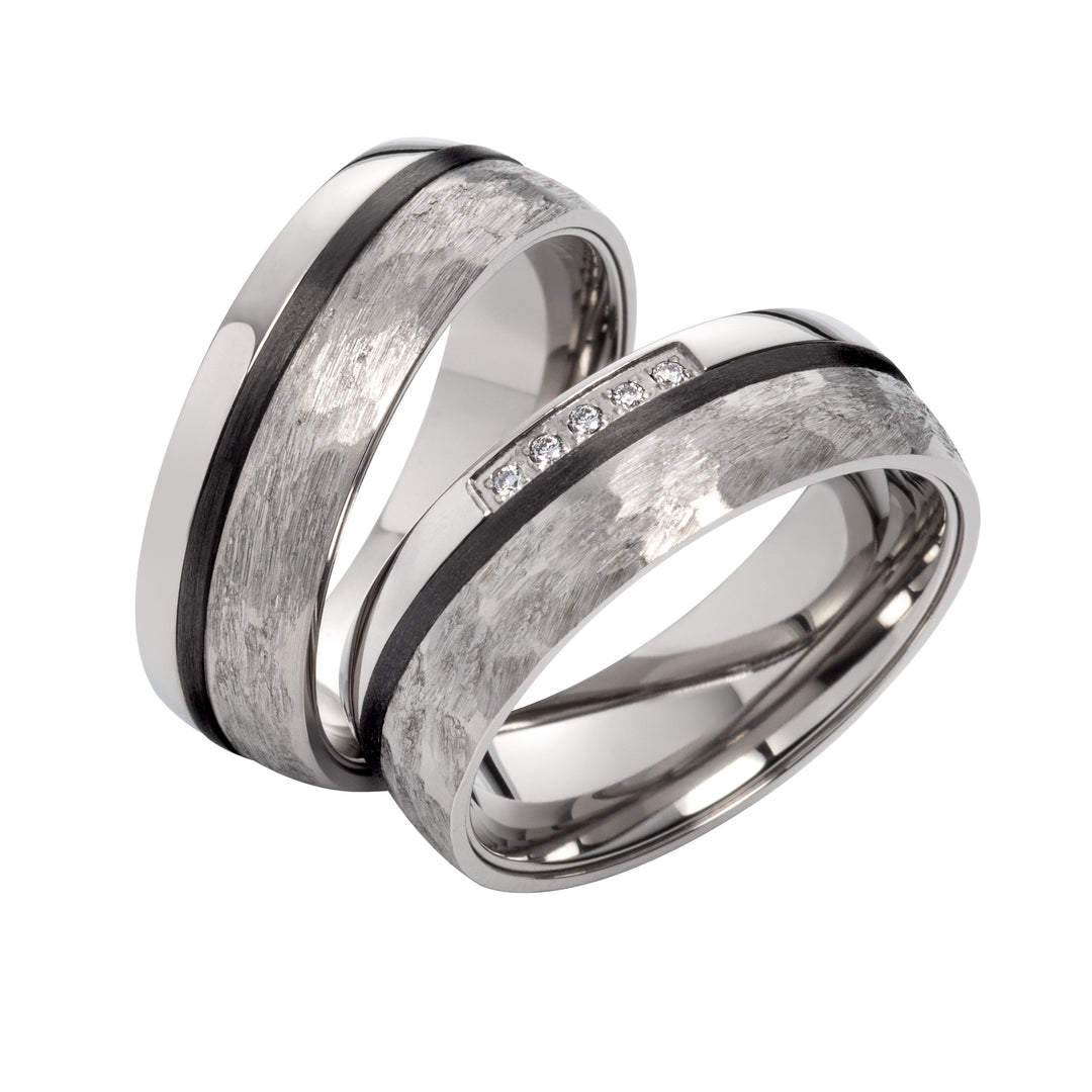 Ehe - Partnerringe aus Titan und Carbon mit 5 Diamanten ink. Gravur | SD9046