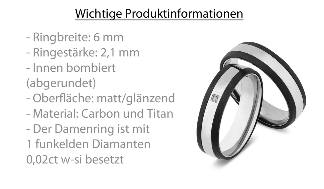 Ehe - Partnerringe aus Titan und Carbon mit Diamant ink. Gravur | SD 9060matt