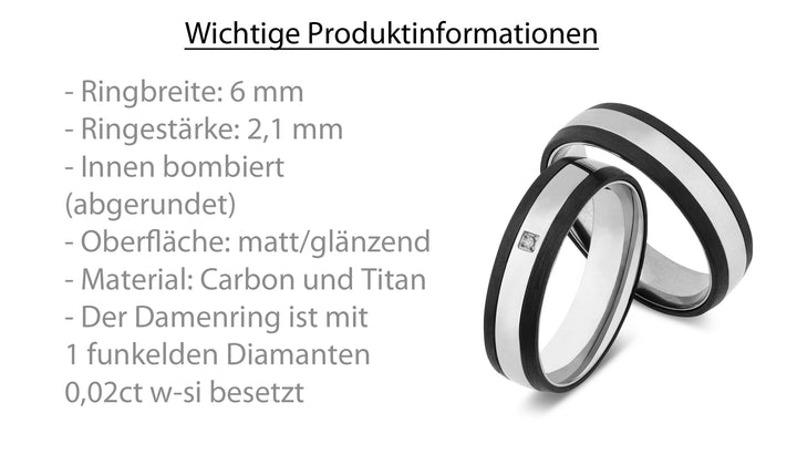 Ehe - Partnerringe aus Titan und Carbon mit Diamant ink. Gravur | SD 9060matt