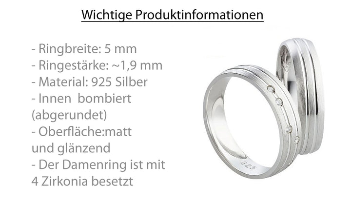 Partnerringe aus 925 Silber mit Zirkonia ink.  Gravur SR78