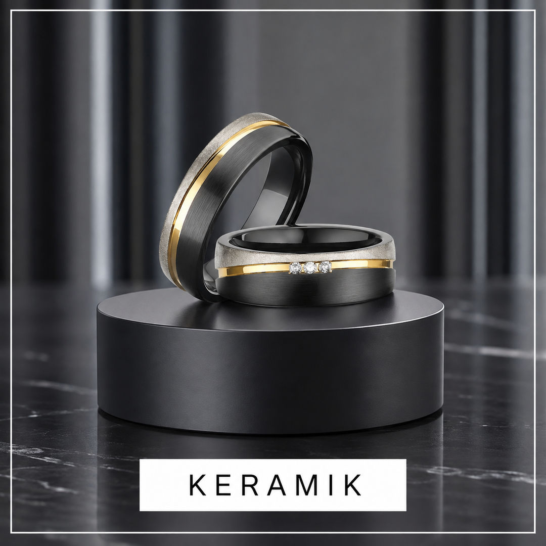 Keramik Partnerringe und Eheringe mit dreifarbiger Oberfläche und Zirkonia im Damenring