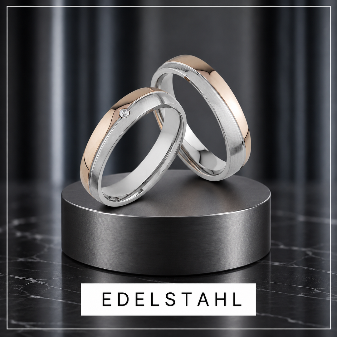 Edelstahl Partnerringe und Eheringe mit zweifarbiger Oberfläche und Zirkonia im Damenring