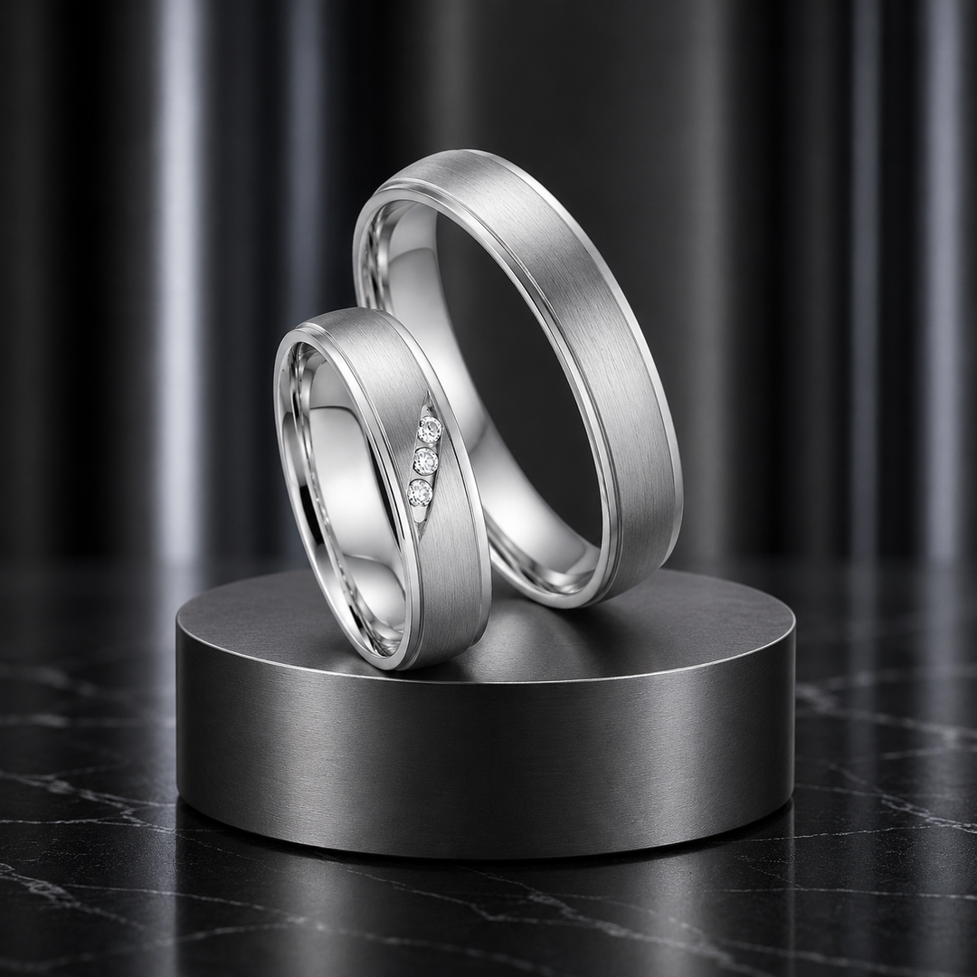 Eheringe aus Weißgold mit matter Oberfläche und drei Diamanten im Damenring