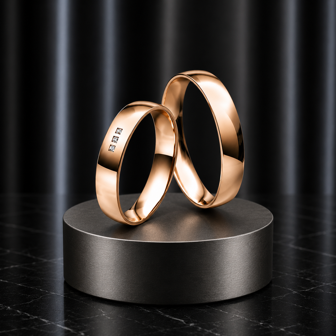 Roségold Eheringe mit polierter Oberfläche und drei Diamanten im Damenring
