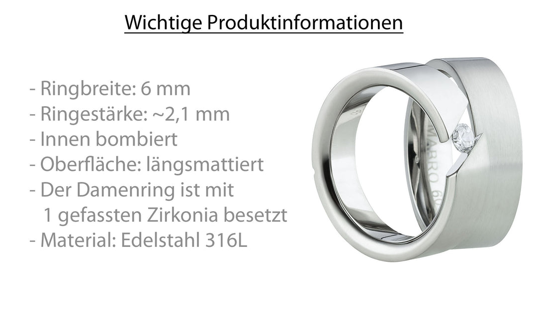 Partnerringe aus Edelstahl mit Zirkonia ink.  Gravur | AB 1482