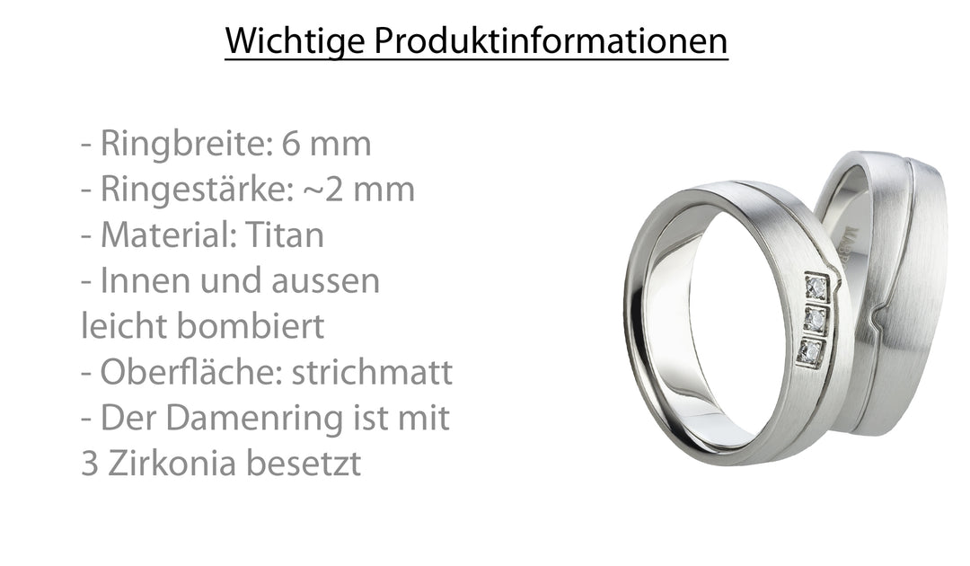 Eheringe & Partnerringe „TRINIA“ aus Titan mit Zirkonia  inkl. Gravur | AB 1584