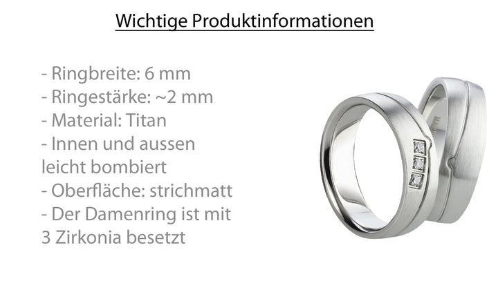Eheringe & Partnerringe „TRINIA“ aus Titan mit Zirkonia  inkl. Gravur | AB 1584