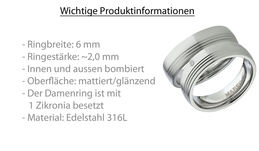 Angebot Eheringe & Partnerringe „CIRONA“ aus Edelstahl 316L mit Zirkonia  inkl. Gravur | AB 2000