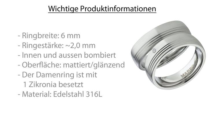 Angebot Eheringe & Partnerringe „CIRONA“ aus Edelstahl 316L mit Zirkonia  inkl. Gravur | AB 2000