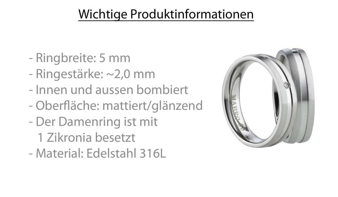 Angebot Eheringe & Partnerringe „SILVARA“ aus Edelstahl 316L mit Zirkonia  inkl. Gravur | AB 2002