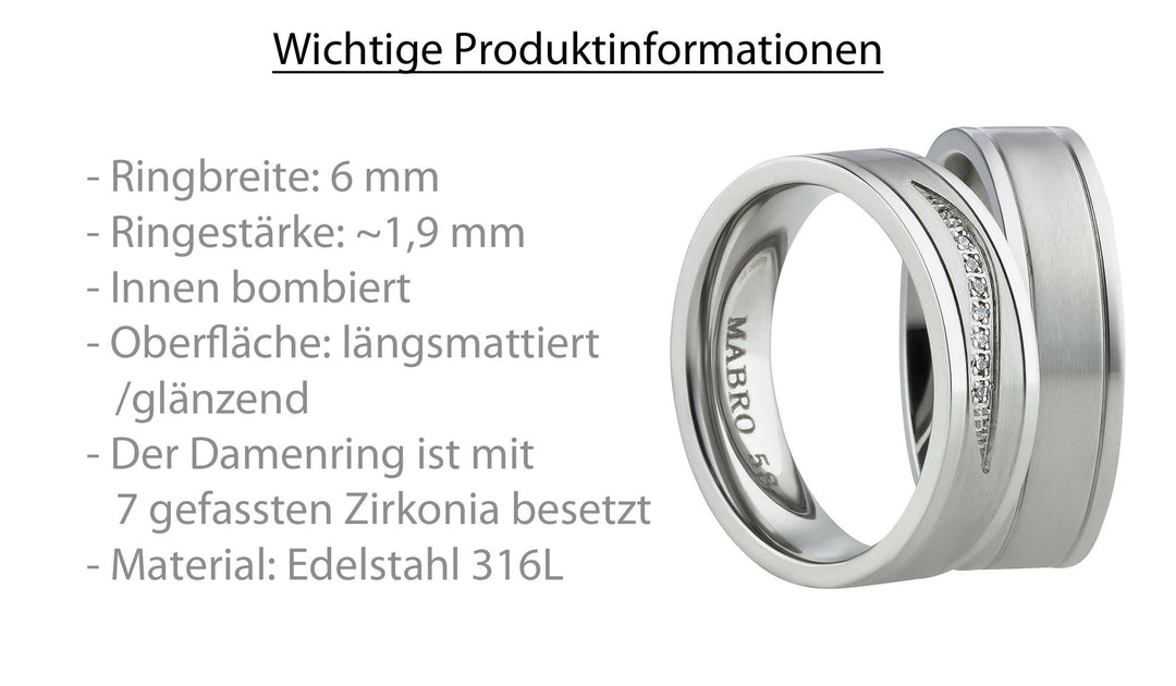 Partnerringe aus Edelstahl mit Zirkonia ink.  Gravur | AB 2010