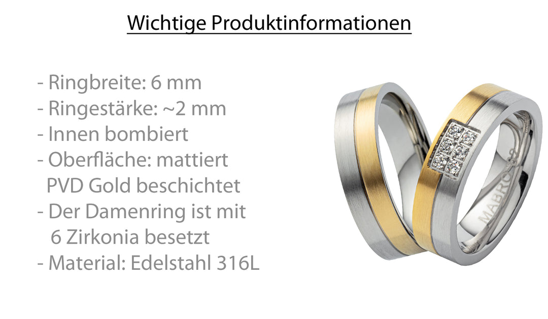 Eheringe & Partnerringe „AURION“ aus Edelstahl 316L mit Zirkonia ab Größe 48  | AB 2036