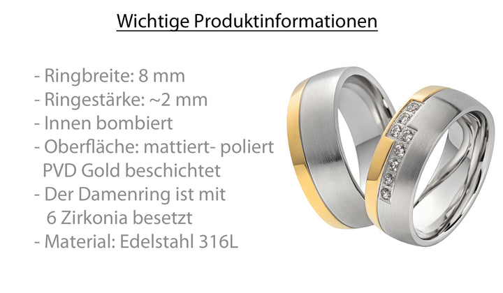Eheringe & Partnerringe „SOLVARA“ aus Edelstahl 316L mit Zirkonia | AB 2038