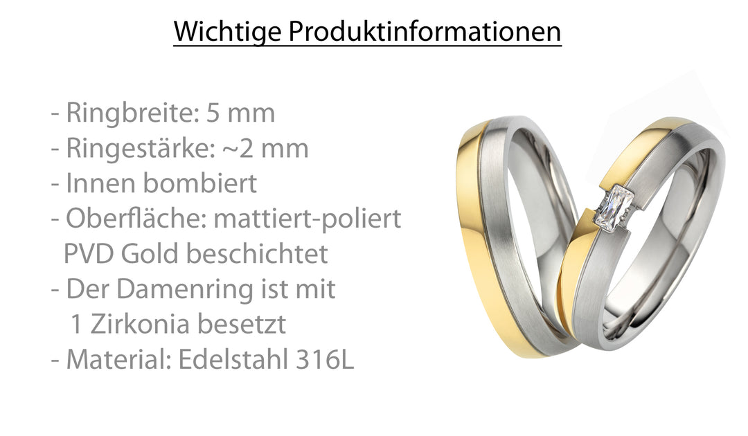 Eheringe & Partnerringe „BAGUERA“ aus Edelstahl 316L mit Zirkonia inkl. Gravur ab Größe 48 | AB 2044