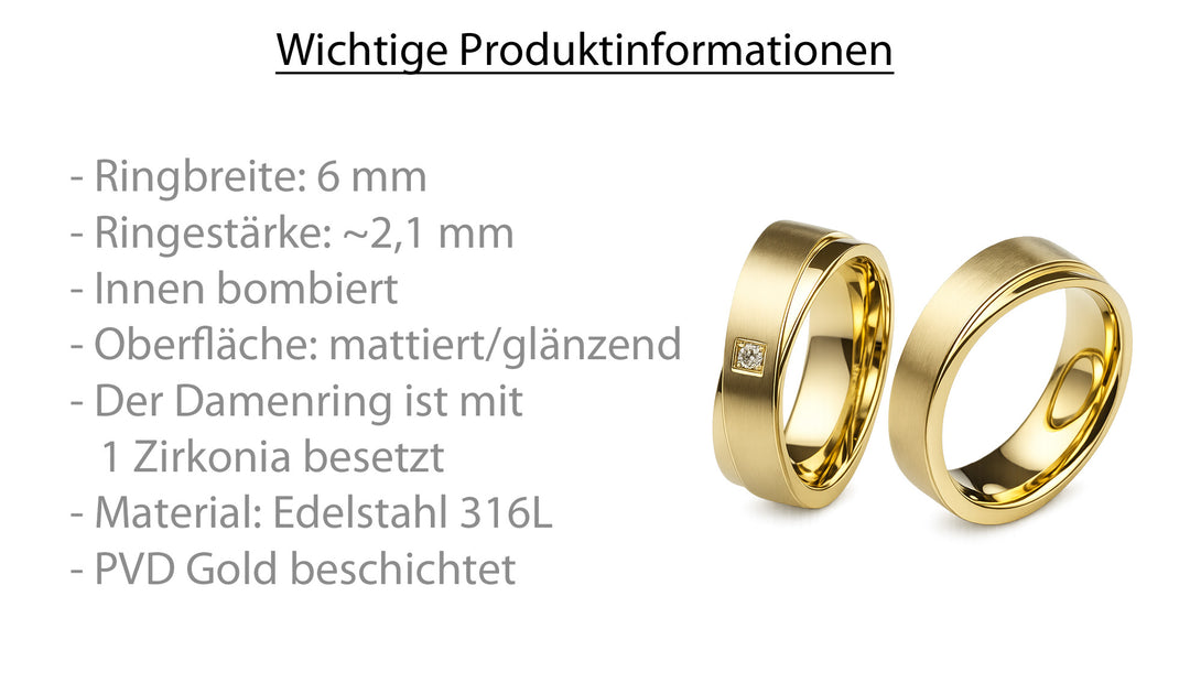 Details Edelstahl Partnerringe und Eheringe mit PVD-Gold-Beschichtung, Zirkonia und kostenloser Lasergravur