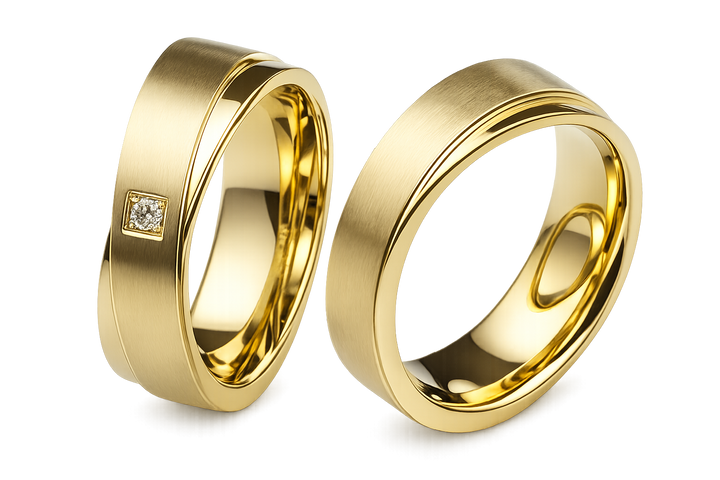 Partnerringe und Eheringe aus Edelstahl mit PVD-Gold-Beschichtung und funkelndem Zirkonia