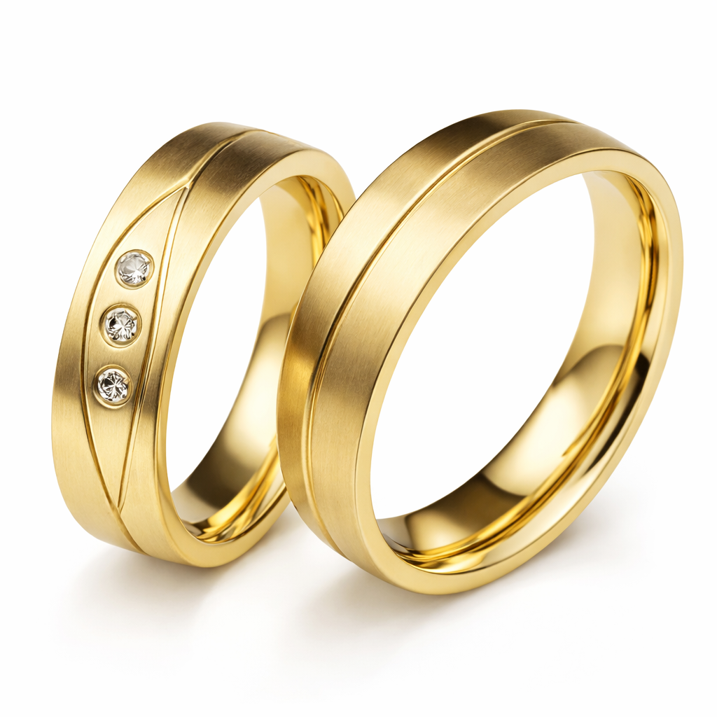 Partnerringe und Eheringe aus Edelstahl mit PVD-Gold-Beschichtung und Zirkonia