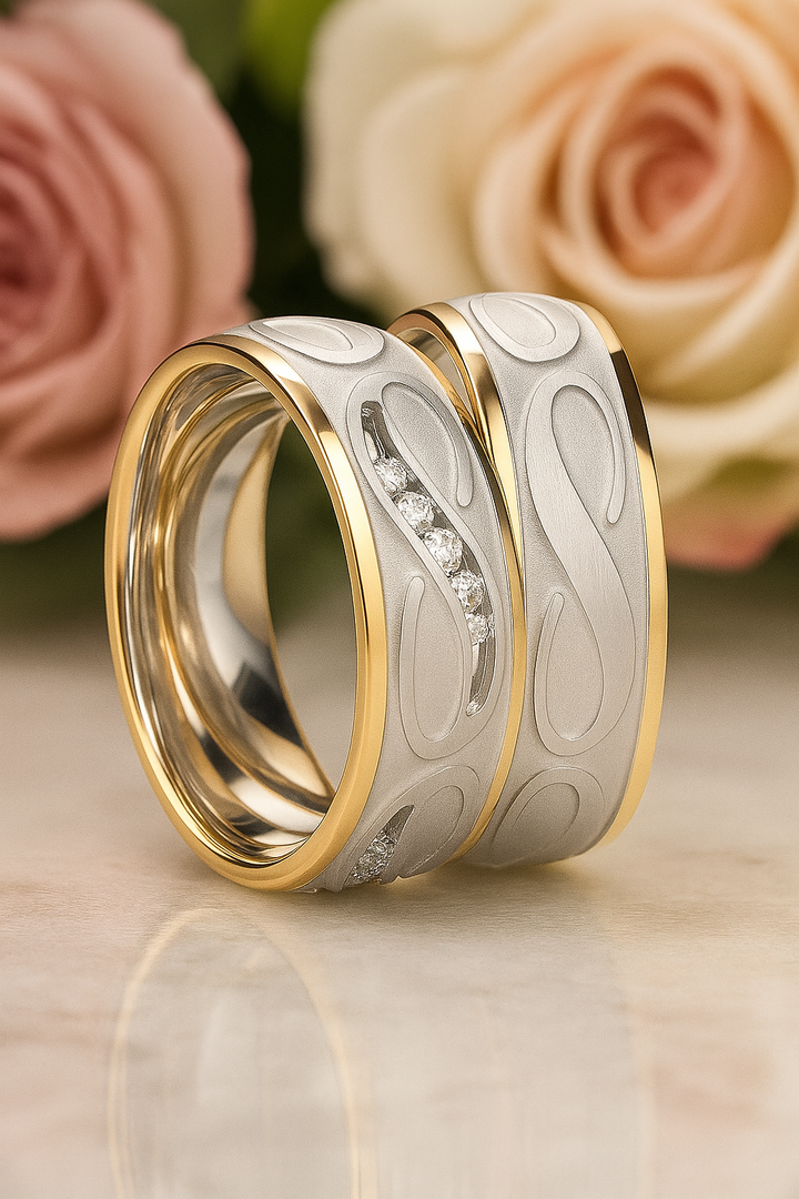 Symbolringe als Partner oder Eheringe mit Rosen Hintergrund