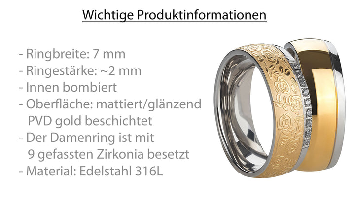 Detailansicht des Edelstahl Ringpaares mit rosen und Infotext zu den Partnerringen