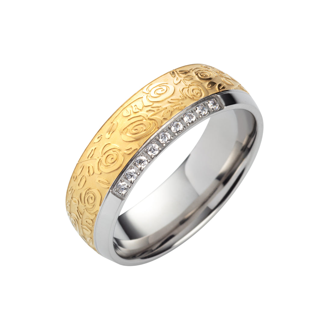 Partnerringe und Eheringe aus Edelstahl mit PVD-Gold-Beschichtung und Rosenmuster