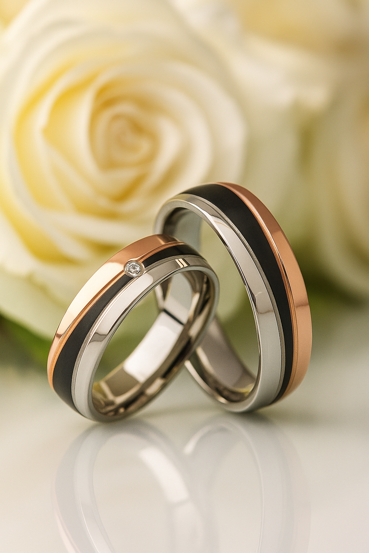 Partnerringe aus Edelstahl in rose, schwarz und Silber mit Zirkonia. Rosen im Hingrund