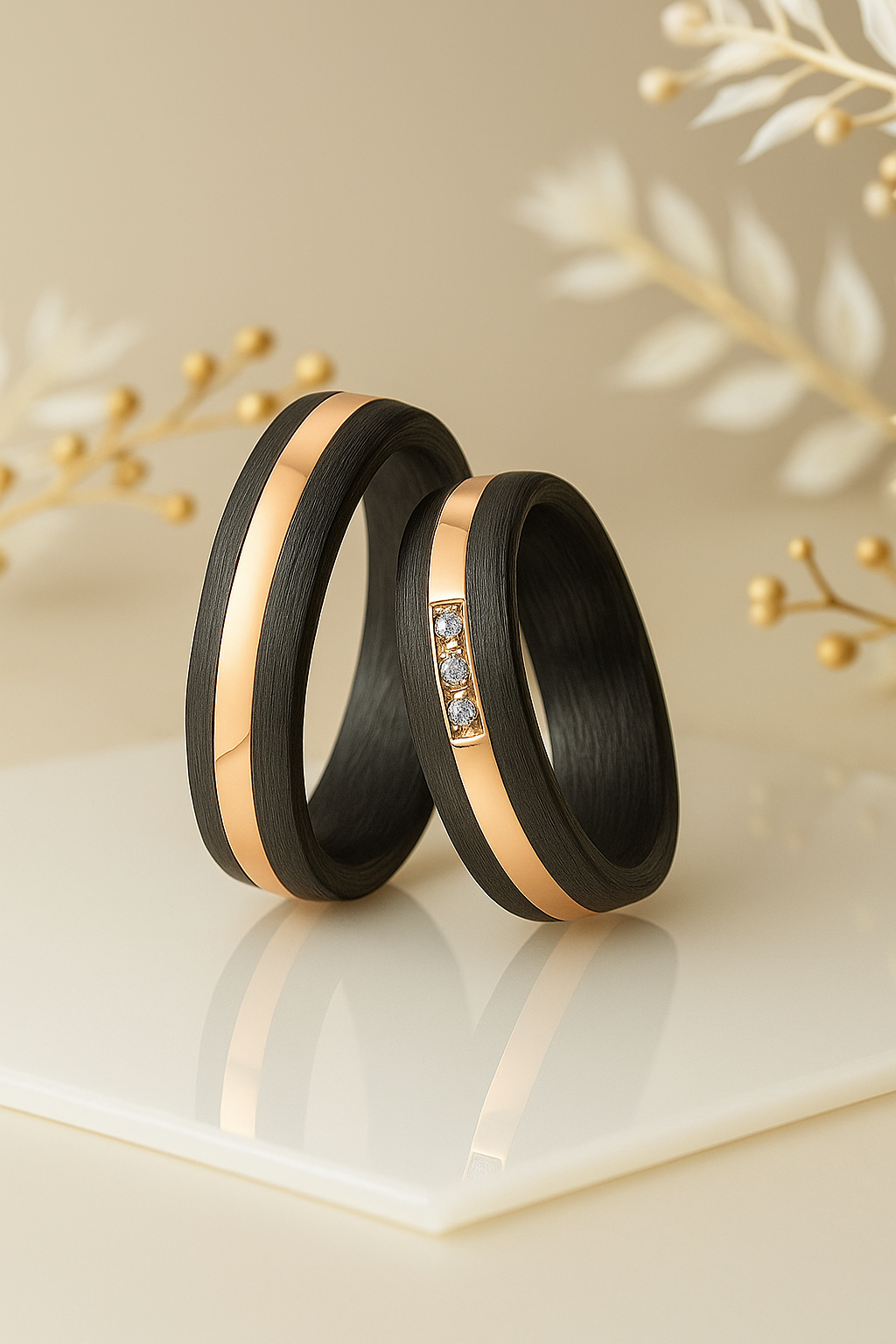 Eheringe / Partnerringe aus Titan & Carbon mit Diamant – inkl. Gravur | Modell AB 3930