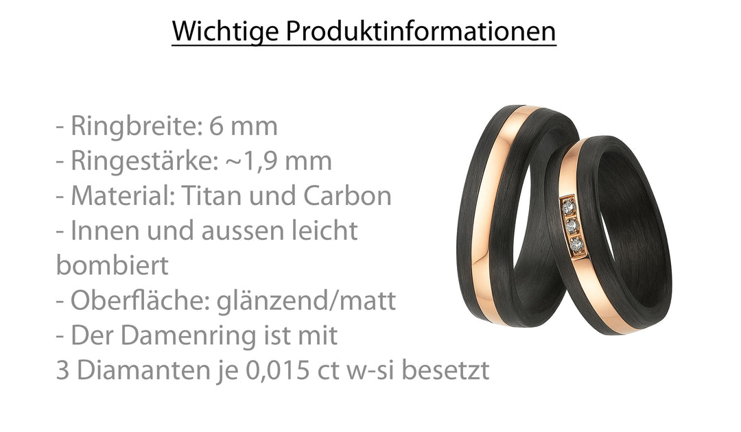 Eheringe / Partnerringe aus Titan & Carbon mit Diamant – inkl. Gravur | Modell AB 3930