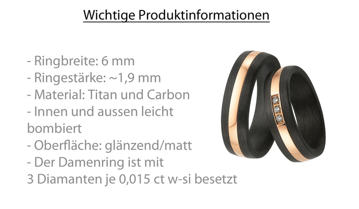 Eheringe / Partnerringe aus Titan & Carbon mit Diamant – inkl. Gravur | Modell AB 3930