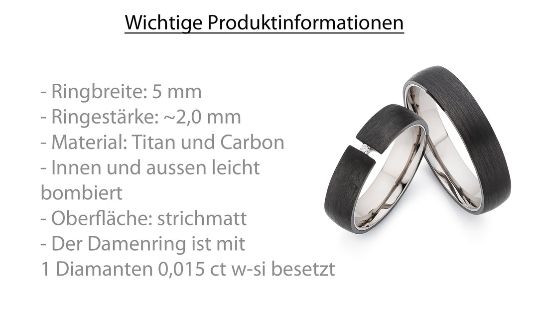 Eheringe / Partnerringe aus Titan & Carbon mit Diamant – inkl. Gravur | Modell AB 3938