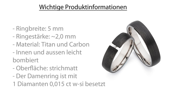 Eheringe / Partnerringe aus Titan & Carbon mit Diamant – inkl. Gravur | Modell AB 3938