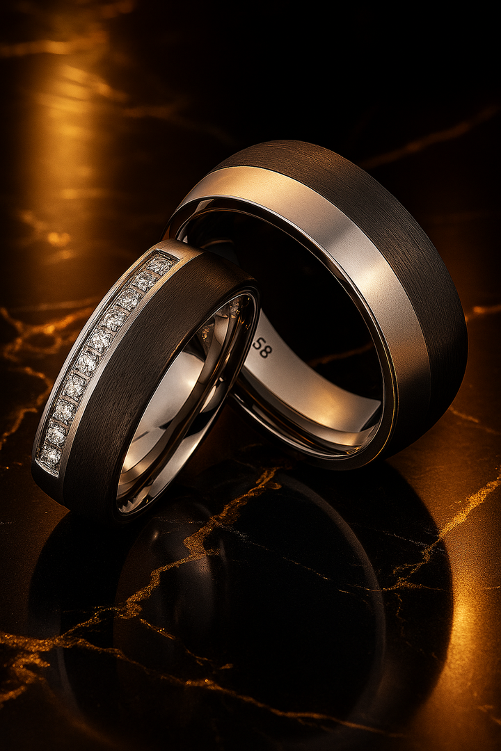 Ehe - Partnerringe aus Titan und Carbon mit Zirkonia ink. Gravur | AB 3946