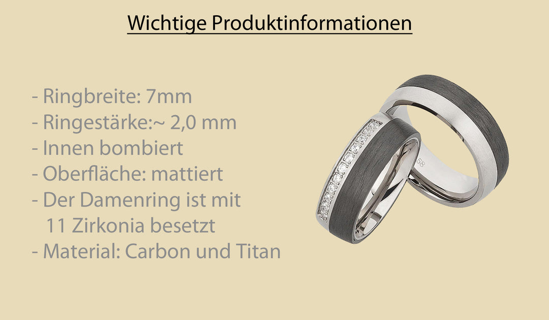 Ehe - Partnerringe aus Titan und Carbon mit Zirkonia ink. Gravur | AB 3946