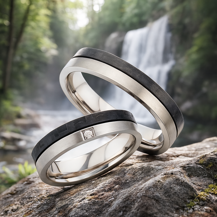 Eheringe / Partnerringe aus Titan & Carbon mit Diamant – inkl. Gravur | Modell AB 4100