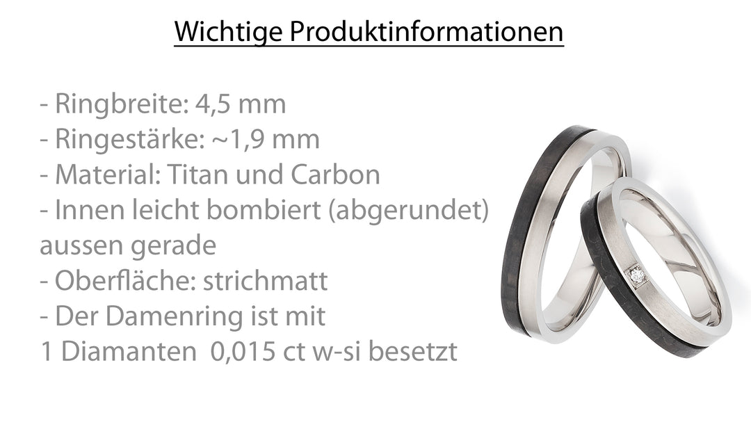 Eheringe / Partnerringe aus Titan & Carbon mit Diamant – inkl. Gravur | Modell AB 4100