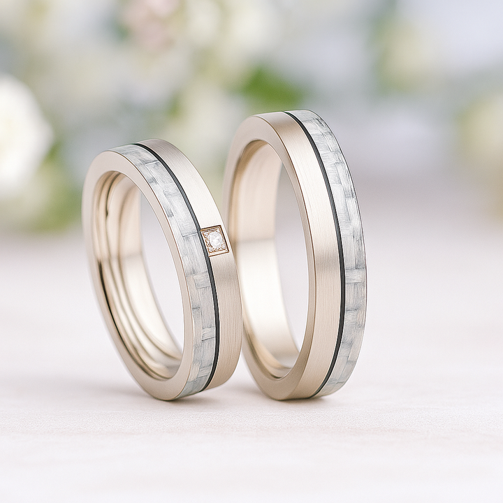 Eheringe / Partnerringe Titan & helles Carbon – Diamant - LightEdge Gravur | Modell AB 4102