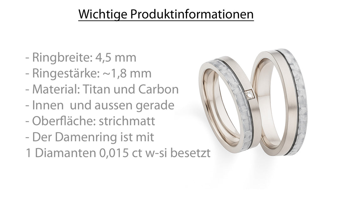 Eheringe / Partnerringe Titan & helles Carbon – Diamant - LightEdge Gravur | Modell AB 4102