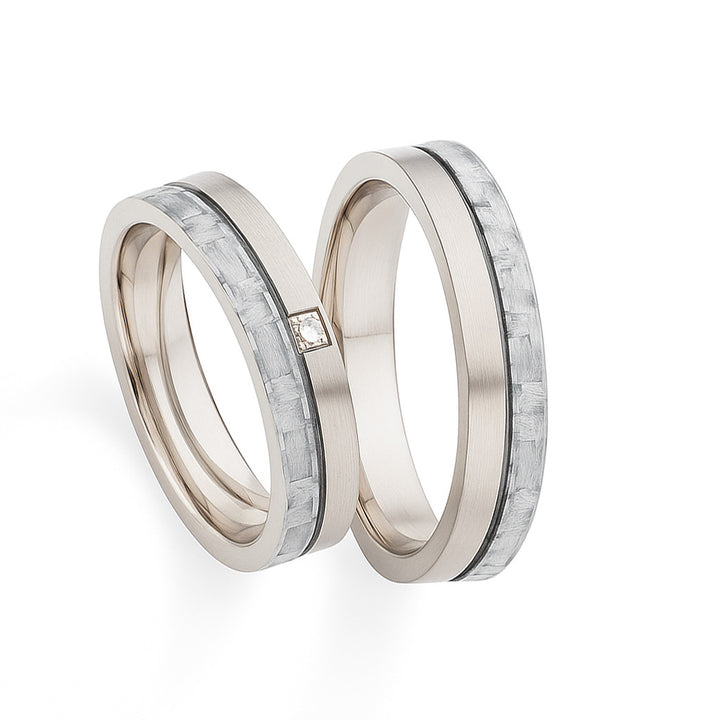 Eheringe / Partnerringe Titan & helles Carbon – Diamant - LightEdge Gravur | Modell AB 4102