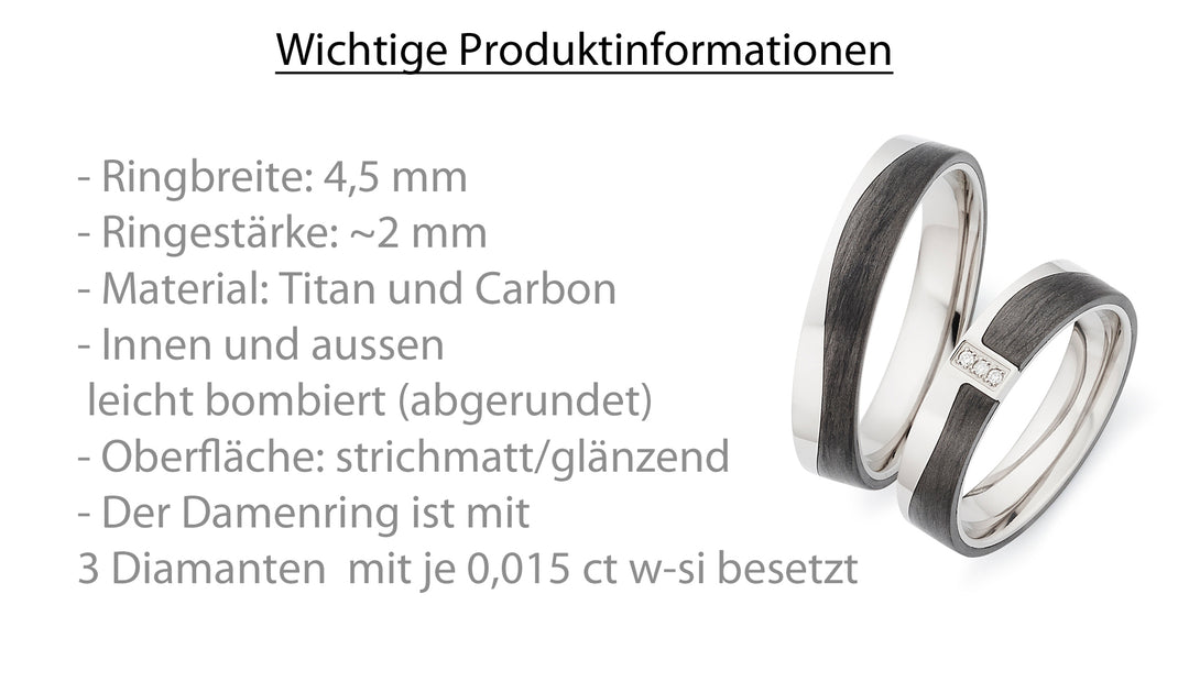Eheringe / Partnerringe aus Titan & Carbon mit Diamant – inkl. Gravur | Modell AB 4110