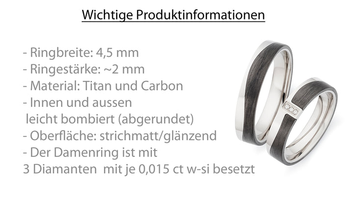 Eheringe / Partnerringe aus Titan & Carbon mit Diamant – inkl. Gravur | Modell AB 4110