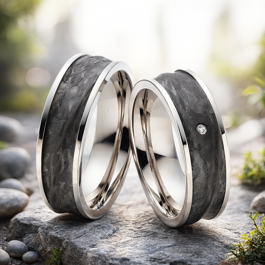 Eheringe / Partnerringe Titan & strukturiertes Carbon mit Diamant StoneEdge| Modell AB 4280