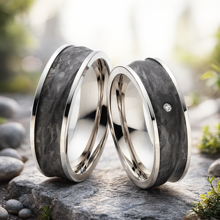 Eheringe / Partnerringe Titan & strukturiertes Carbon mit Diamant StoneEdge| Modell AB 4280