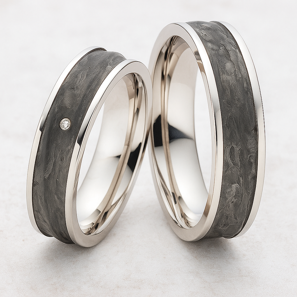Eheringe / Partnerringe Titan & strukturiertes Carbon mit Diamant StoneEdge| Modell AB 4280