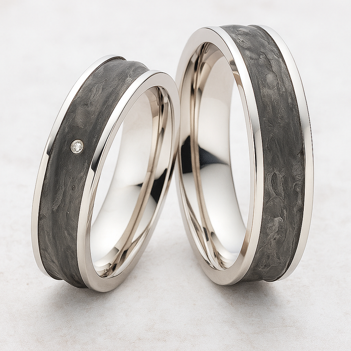 Eheringe / Partnerringe Titan & strukturiertes Carbon mit Diamant StoneEdge| Modell AB 4280
