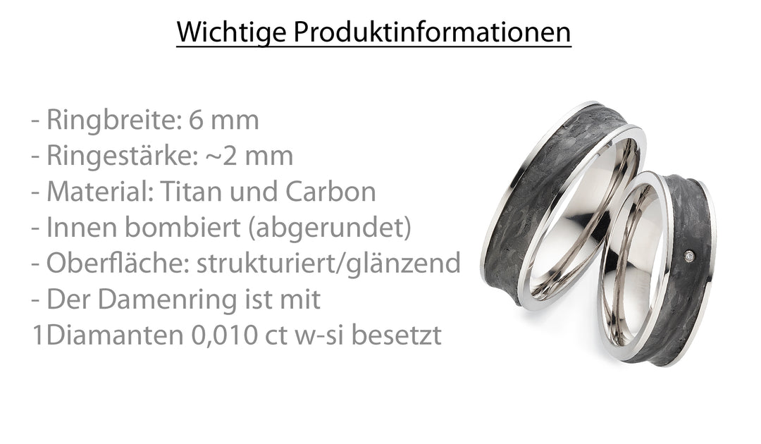 Eheringe / Partnerringe Titan & strukturiertes Carbon mit Diamant StoneEdge| Modell AB 4280
